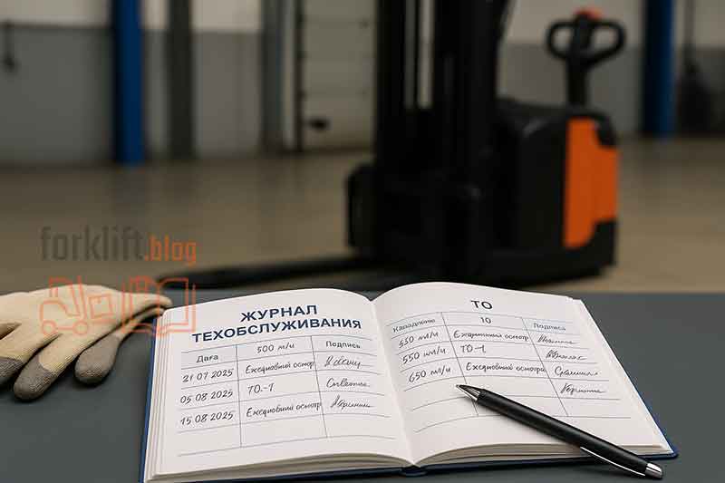 Открытый журнал технического обслуживания с заполненными записями, ручка и рабочие перчатки на столе, на заднем плане размытый электрический штабелёр в сервисной зоне склада.